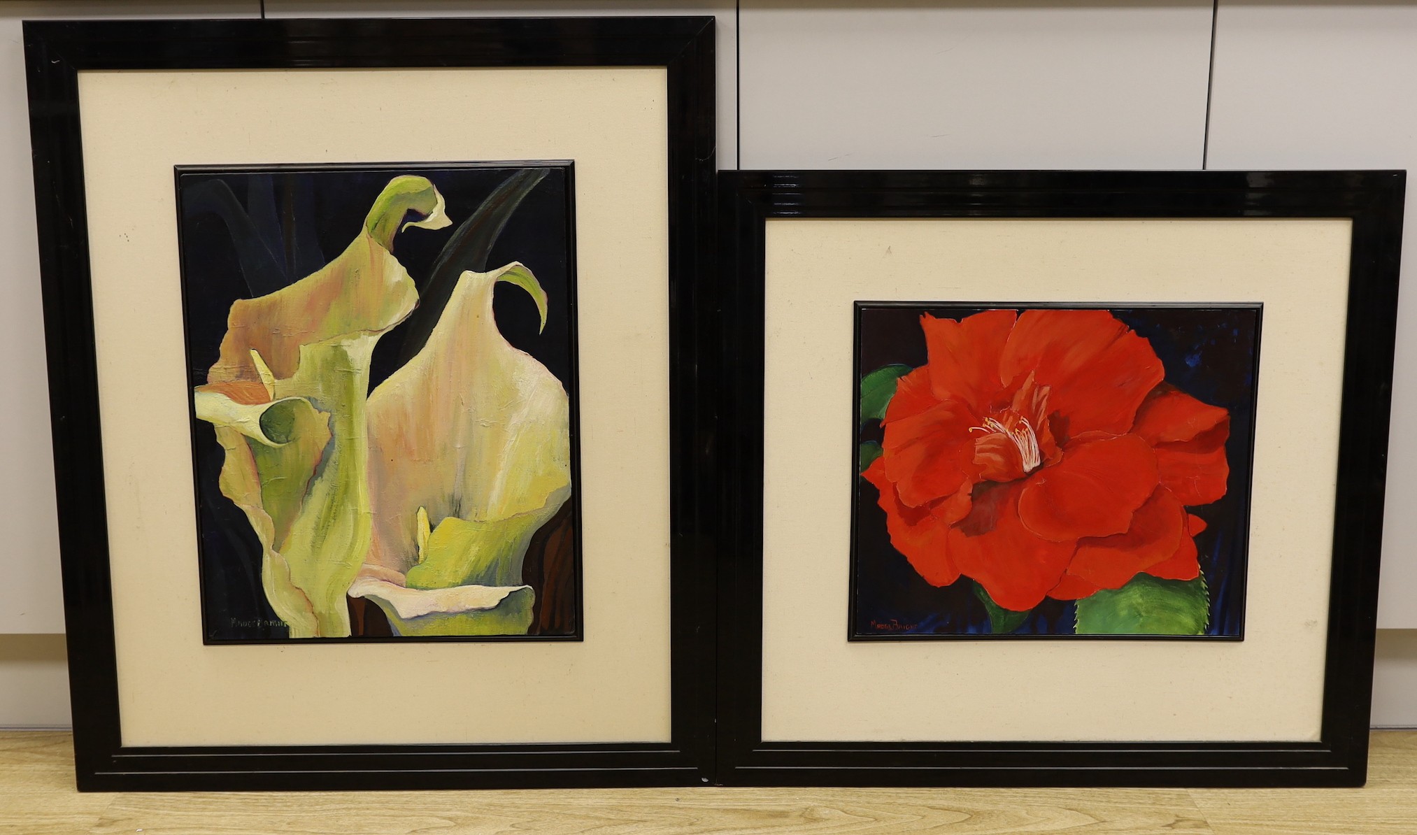 Madge Bright, two oils on board, Lilies and Hibiscus Blooms, signed, 51 x 40cm and 37 x 43cm